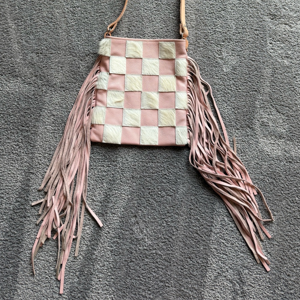 Fringed Pink and Cream Checkered Women's Bag